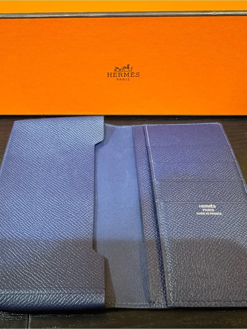Hermes Indigo Blue Leather Wallet with Box, COA
